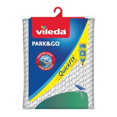Image de Vileda Park &amp; Go Housse à repasser avec espace de stationnement pour le fer, doublure métallique et ajustable, très résistante, 130 x 45 cm