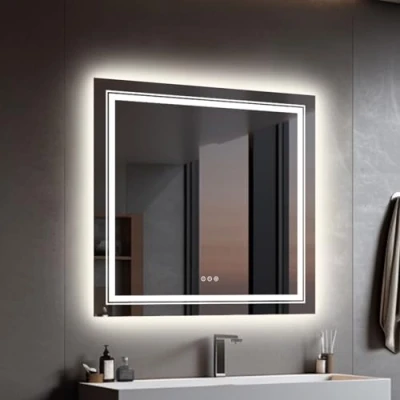 Image de LUVODI Miroir Carré Salle de Bain LED: 80x80cm connecté avec Prise Interrupteur Tactile Gradable Mural 3 Températures Couleur Anti Buée Mémoire IP65 Éclairage intégré + Rétroéclairage