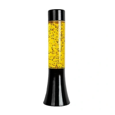 Image de fisura. Lampe à lave dorée. de 30 cm avec base noire, liquide transparent et étoiles dorées. ambiance effet relaxant. 9x9x30