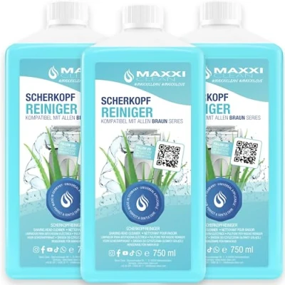 Image de Maxxi Clean Nettoyant pour tête de rasage cartouche nettoyage 3x 750 ml Liquide recharge rasoir compatible avec la station Braun Spray parfum d&#039;Aloe Vera