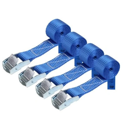 Image de Sangle à griffe d&#039;arrimage de fixation bleu 1m 2,5m 4m 6m charge maximale 250 kg DIN EN 12195 2, 4 pièces 2.5 cm x 1 m