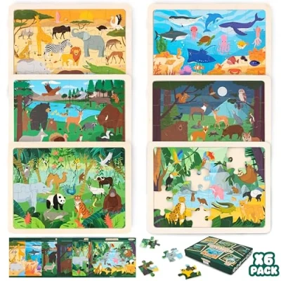 Image de BONNYCO Puzzle Bois Enfant 6 Ensembles 24 Pcs, Animaux de Différents Écosystèmes. 3 8 Ans avec Plateau, Jouet Educatif. Cadeau Garcon et Fille, Anniversaire, Noël