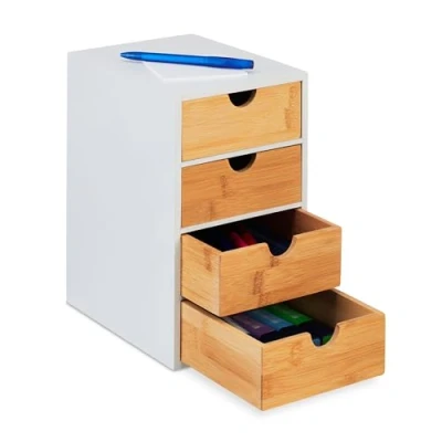 Image de Relaxdays Organiseur à Compartiments, Bambou, 4 tiroirs, HxLxP: 27,5 x 16,5 21 cm, Rangement Bureau, Nature Blanc