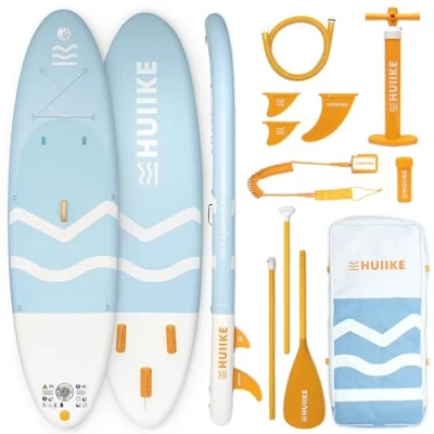 Image de Paddle Gonflable Adulte Bleue avec des Accessoires de Qualité HUIIKE Stand Up Pagaie en Aluminium Pompe Leash