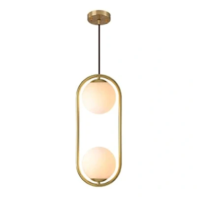 Image de Suspension à 2 lumières du milieu siècle en laiton brossé, éclairage suspendu moderne forme de globe doré avec abat jour verre blanc pour cuisine, îlot, salle manger, chambre