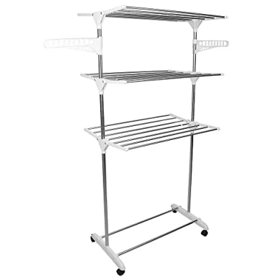 Image de THINFAR Séchoir à linge vertical et extensible, 4 niveaux, avec roues, en acier inoxydable, parfait pour une utilisation extérieur sur un balcon ou intérieur, 75 x 44 158 cm, inox/blanc