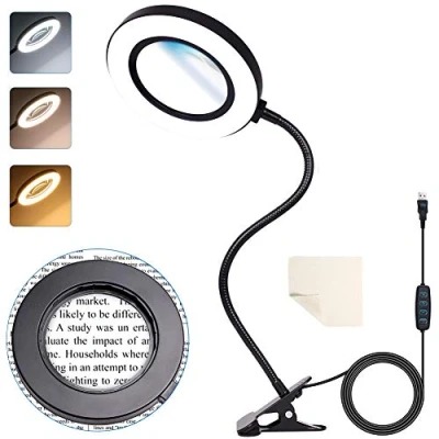 Image de Loupe de Bureau grossissante x 6 72 LED 3 Couleurs réglables avec Pince en Verre véritable Alimentée par USB pour Le Travail, la Lecture, Les Loisirs, Couture, travaux manuels