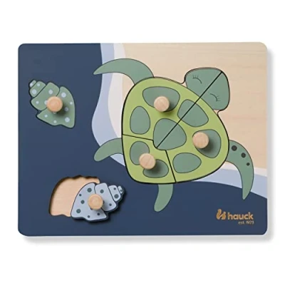 Image de hauck Puzzle Bebe 1 an N Sort Jouet Bois Bébé à Encastrement (certifié FSC®), Formes d&#039;animaux, Boutons pour Saisir, Stimulation Motricité Fine, Tortue