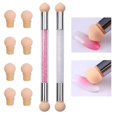 Image de iCovalescent 2 Pcs Nail Art Brosse Éponge, Ouble Tête Éponge Brosse, Acrylique Gradient Shading Pinceau, avec 4 Têtes de Rechange, Sponge Outil Ongles Accessoires
