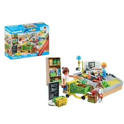 Image de Playmobil 71648 Supermarché de Produits Bio MyLife Promo Pack Comprenant Une Caisse avec Un Tapis Roulant, Chariot Courses et Trois Personnages Dès 4 Ans