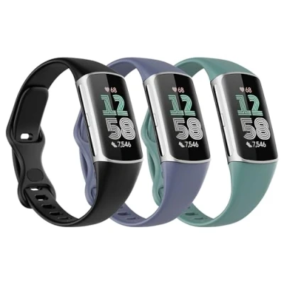 Image de Astorgos 3 Pièces Bracelet de Montre Compatible avec fitbit charge 6/fitbit 5, Bande Remplacement en TPE Souple Ajustable, Mince et Respirant, Noir/Vert Pin/Bleu Gris