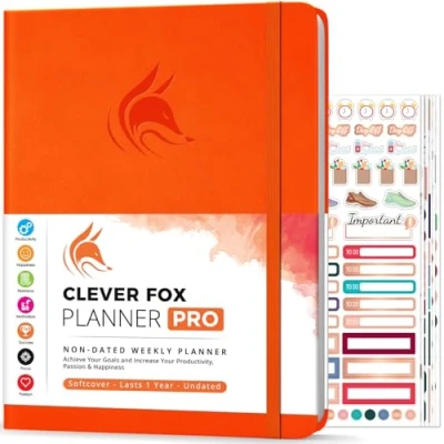 Image de Agenda Clever Fox PRO de vie hebdomadaire et mensuel pour augmenter la productivité, gestion du temps atteindre vos objectifs Organisateur, Durée 1 an A4, Non daté (Orange)
