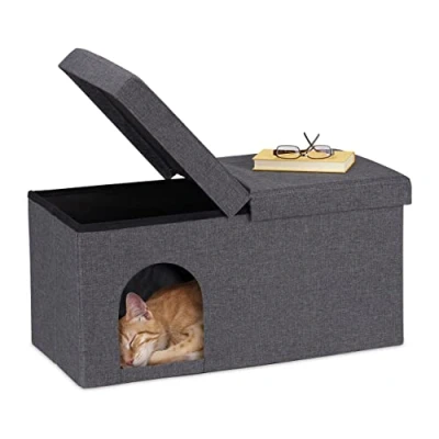 Image de Relaxdays Banquette Pliable, Grotte Chat, Banc résistant, abri Chaton, intérieur, cachette, HLP : 38,5x74,5x37 cm, Gris