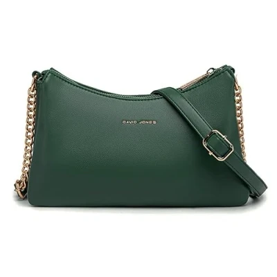Image de David Jones Petit Sac Bandoulière Plusieurs Compartiments Femme à Main Porté Epaule Simili Cuir PU Pochette Sacoche Chaînes 3 Soufflets Multipoche Besace Ville Soirée Téléphone Vert