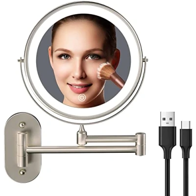 Image de Miroir de maquillage mural rechargeable 20,3 cm double face grossissant 1 x 10x, éclairage 3 couleurs, écran tactile à intensité variable, bras étendu rotatif 360