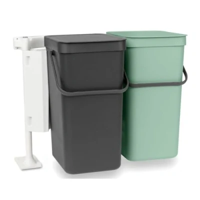 Image de Brabantia Poubelle Sort &amp; Go 2x16L Double Couvercle à Ouverture Poignée de Transport pour le Dessous la Cuisine Recyclage Facile Dark Grey/Jade Green 52 x 37 43 cm