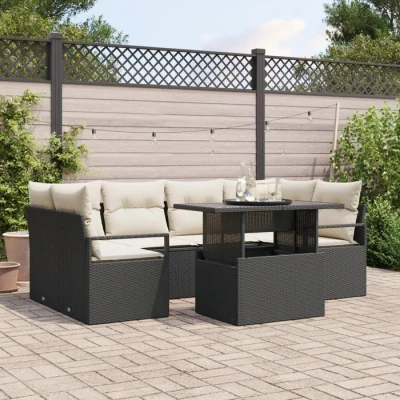 Image de Ensemble de Canapé Jardin 7 pièces avec Coussins en Rattan Poly Noir 3348753
