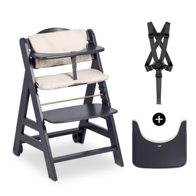 Image de hauck Chaise Haute Bébé Evolutive Beta+ en Bois Certifié FSC® Inclus Coussin d&#039;Assise, Barre de Sécurité, Sangle d&#039;Entrejambe, Harnais 5 Point 6 Mois à 90 kg Dark Grey