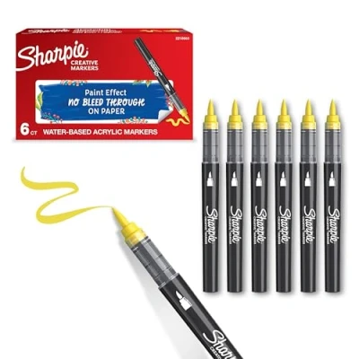 Image de Sharpie Marqueurs Créatifs Feutres acrylique Pointe pinceau de coloriage adulte à base d’eau idéal pour mystère, scrapbooking, dessiner, etc. Jaune Lot 6