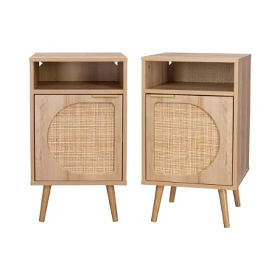 Image de sweeek Lot de 2 Tables Chevet. Eva. décor Bois et cannage Arrondi. Une Porte. Un Espace Rangement. L40 x l39 H65.8cm