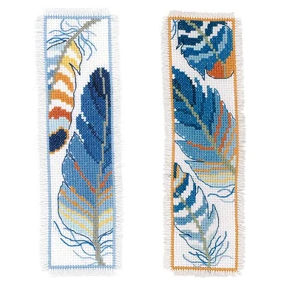 Image de Vervaco Blue Feathers Set of 2 Counted Cross Stitch Kit, Bookmark, Coton, Blanc, 7 x 20 cm