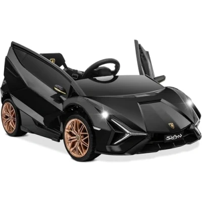 Image de FINOOS Lamborgini Sian Voiture électrique pour Enfants 12V, télécommande 2,4 GHz, Roues Gomme, Siège en Cuir, Portes à Ouverture Verticale, 2 Moteurs, Batterie 12V (Noir)