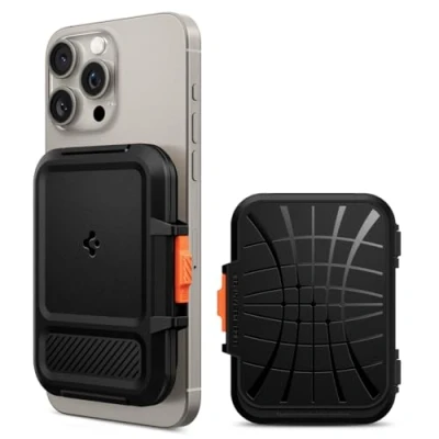 Image de Spigen Lock Fit MagFit Porte Carte magnétique conçu pour Magsafe avec Kickstand Compatible Les Modèles iPhone 16/15/14/13/12 Wallet Noir
