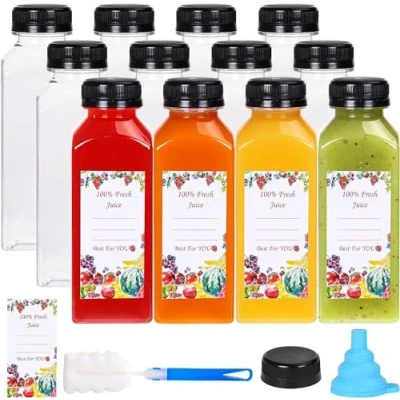 Image de KAHEIGN 12 Pièces Bouteilles de Jus en Plastique avec Bouchons Inviolables, 360ml Conteneurs Vides pour Boissons à Base Transparent Réutilisables Couvercles, Étiquette, Entonnoir et Brosse