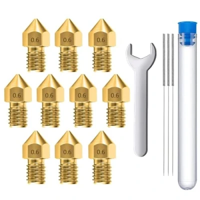 Image de MMOBIEL 10 pièces MK8 en laiton de 0,6 mm pour imprimante 3D, extrudeuse compatible avec les séries Creality Ender 3, 5, CR 10/10S, Makerbot, Anet A8, incluant 3 aiguilles nettoyage et Clé