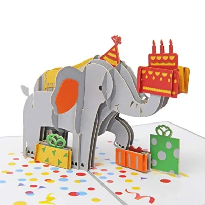 Image de Favour Pop Up® Carte de vœux d&#039;anniversaire 3D Une œuvre d&#039;art en filigrane qui se déroule comme éléphant avec des cadeaux lors l&#039;ouverture TB132
