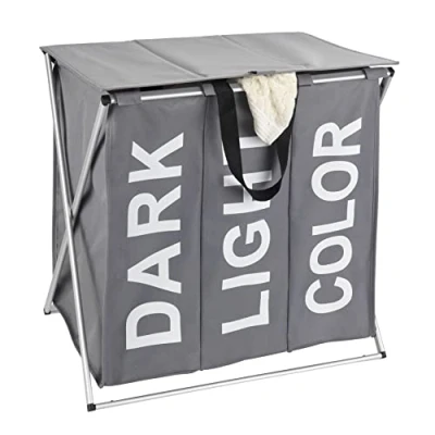 Image de WENKO panier à linge 3 compartiments Trio Top, sale avec compartiment, Inscription design, capacité 118L, Polyester Alu, 57x57x38 cm, gris