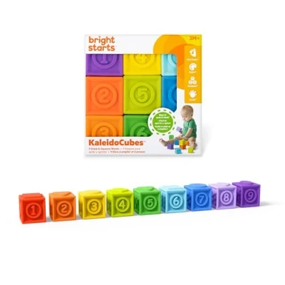 Image de Bright Starts KaledioCubes, 9 pkk Stack &amp; Squeeze Blocks, Jouets de Bain pour bébé Jouer et Apprendre avec Les Couleurs, Chiffres Formes, 3 Mois +