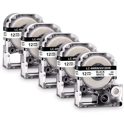 Image de 5x Labelwell 12mm LC 4WBN Noir sur Blanc Compatible Ruban Remplacement pour 4WBN9 SS12KW Étiqueteuse LabelWorks LW 300 400 500 600P 700 1000P King Jim TepraPro SR210 SR220