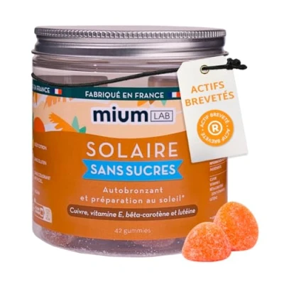 Image de mium LAB Complément Alimentaire Soleil Sans Sucre Gummies Solaire Bronzage Cure 21 Jours 100% Français Beta carotene, Cuivre, Vitamine A, Lutéine, C