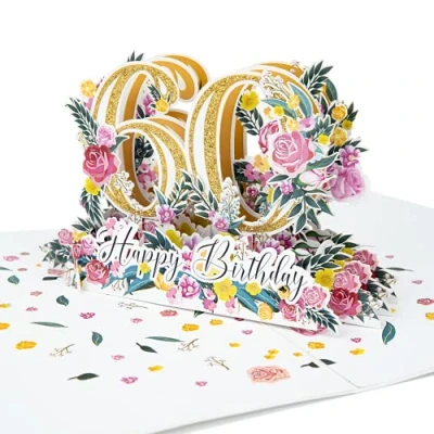 Image de LIMAH® Carte de vœux pop up 3D Qualité supérieure Pour 60e anniversaire Motif Happy Birthday En or blanc Avec paillettes