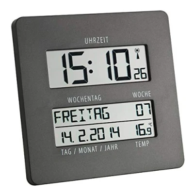 Image de TFA Dostmann 60.4509&quot; Horloge murale radio pilotée Time Line avec température et affichage du jour de la semaine., gris