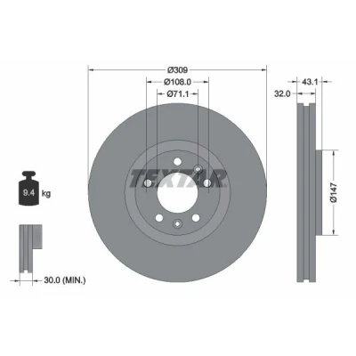 Image de TEXTAR 92111900 Disque de frein 309 32 05/07 108 ventilé l&#039;intérieur sans boulon fix roue, moyeu roue PEUGEOT: 607 Berline