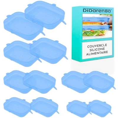 Image de couvercle silicone alimentaire 12 pieces differentes tailles extensible reutilisable lavable au lave vaisselle boite de conserve bleu