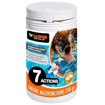 Image de Llofer Chlore Multifonction en Galet de 250g 1kg Total Désinfection Longue Durée 7 Actions: désinfectant, bactéricide, virucide, Anti algues, floculant, clarifiant et stabilisant (1kg)