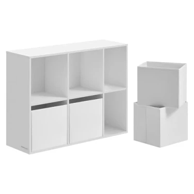 Image de SONGMICS HOME Assemblage Ultra Rapide sans Outils Toolless, Meuble de Rangement, Étagère, Bibliothèque, 6 Compartiments, 4 Tiroirs en Tissu, 27 x 83 61,6 cm, Blanc Neige LBC196W01