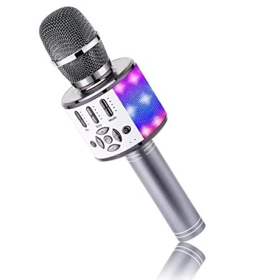 Image de BONAOK Microphone Bluetooth Sans Fil, Micro Enfants avec Lumières LED, Mini Machine Karaoké pour Fête/Maison/Anniversaire, Compatible IOS Android (Gris Sidéral)