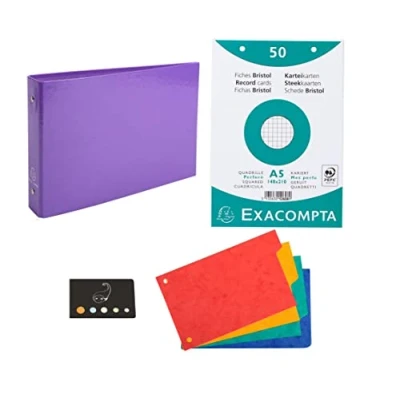 Image de Classeur Pour Fiches + 100 Bristol A5 Quadrillées Perforées 4 Intercalaires 1 Index Adhésif Blumie (Violet)