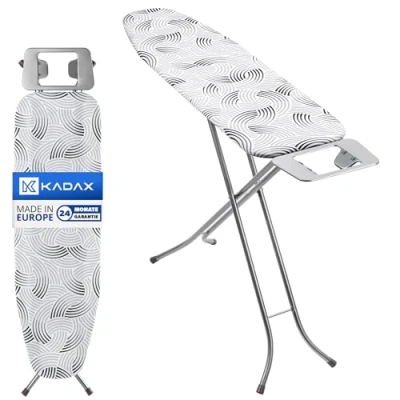 Image de KADAX Table à Repasser pour Centrale Vapeur, Planche Pliable avec Housse en Coton, Support de Fer Intégré et Pieds Antidérapants (114 x 34 cm, Gris)