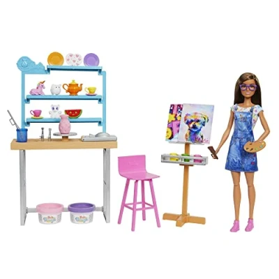 Image de Barbie Bien être Coffret Atelier d&#039;art créer et se détendre, avec poupée, pâte à Modeler Accessoires, Jouet pour Enfant, HCM85