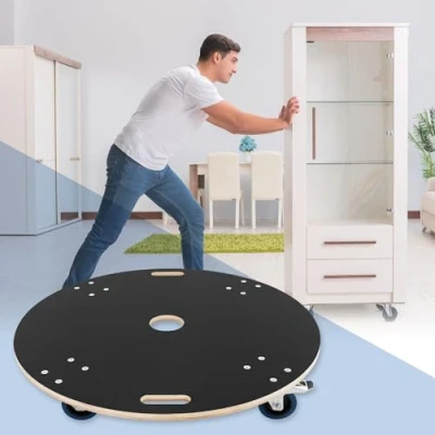 Image de ECD Germany Chariot de Transport Rond Ø87cm x14,5 cm avec Plaque Sérigraphiée, Charge Maximale 800 kg, 4 Roues Pivotantes Dont 2 Freins, Planche à roulettes CNC en Multiplex, Rouleur Meubles