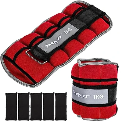 Image de MOVIT lot de 2 manchettes poids en néoprène avec matériau réfléchissant, choix tailles et couleurs, option insert tissu éponge, pour poignets chevilles, 1,0 kg rouge