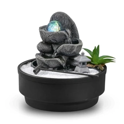 Image de Fontaine d&#039;Intérieur Jardin Zen, Boule de Verre Lumineuse en Rotation, LED Coloré, Décoration Ambiance Relaxant, Zen Sable Blanc, Table Circuit fermé, H21 cm Bogota Zen’Light