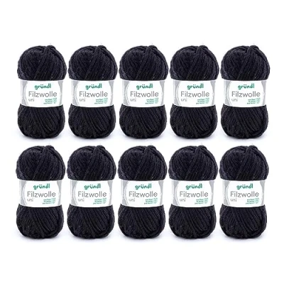 Image de Gründl Filzwolle uni (Laine à feutrer, Tricoter et crocheter, Fil 100% Pure Laine Vierge, 50 g / m, Taille d&#039;aiguille : 8 9, 10 x g), Noir