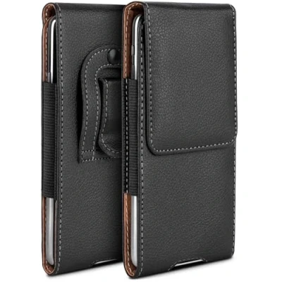 Image de moex Plug Case Compatible avec Apple iPhone 15 Étui clip ceinture, étui de ceinture pour téléphone portable en cuir végétalien, protection à rabat Noir