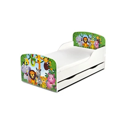 Image de Leomark Moderne Lit d&#039;Enfant Toddler Avec Matelas et un Tiroir Couleur Blanc Motif: Décoration Jungle Animaux Chambre Pour Les Enfants Meubles Confortable Fonctionnel Simple Zone de couchage 70/140 cm